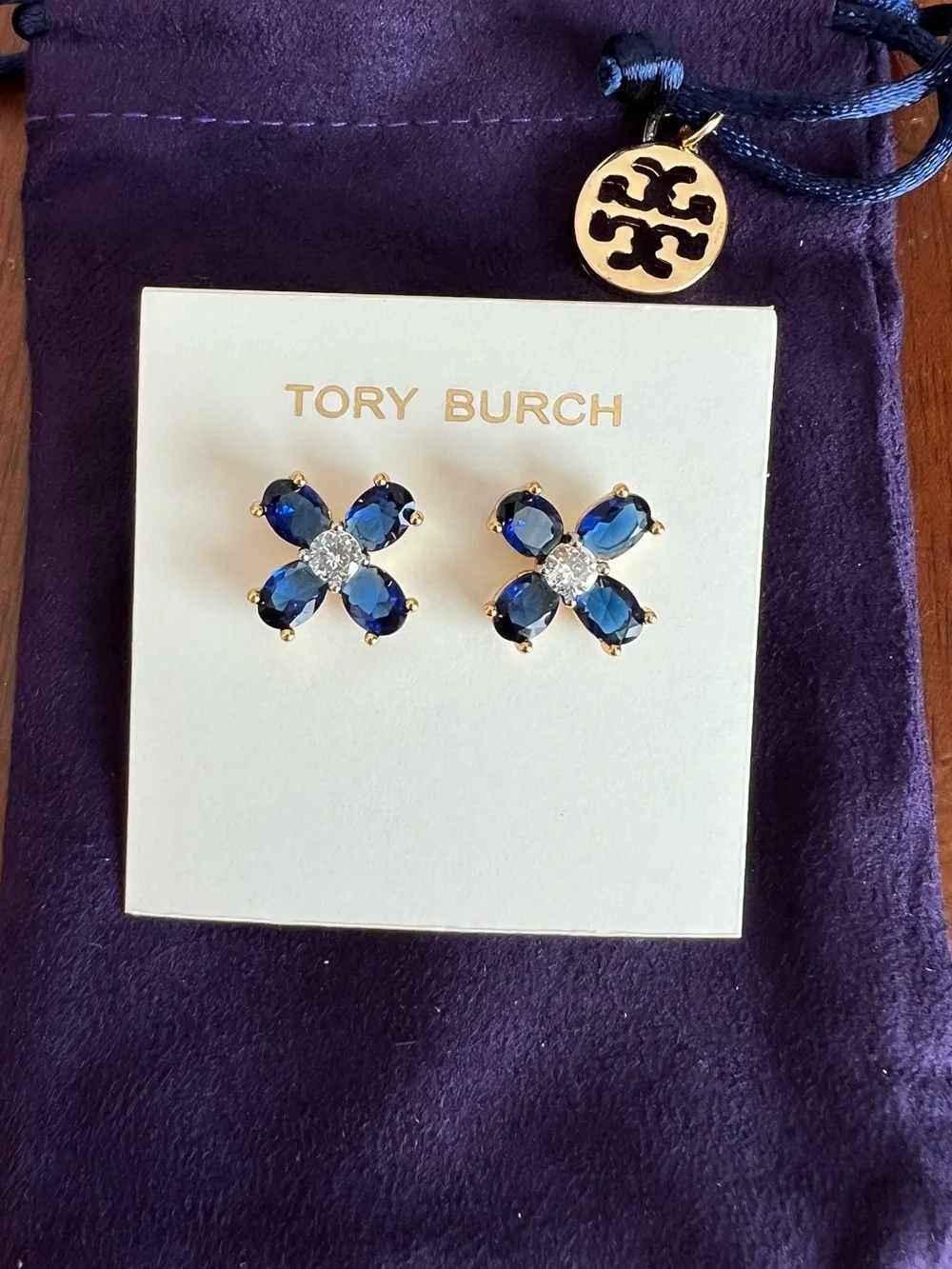 Tory Burch Clover Blue Gold Flower Stud Earrings
